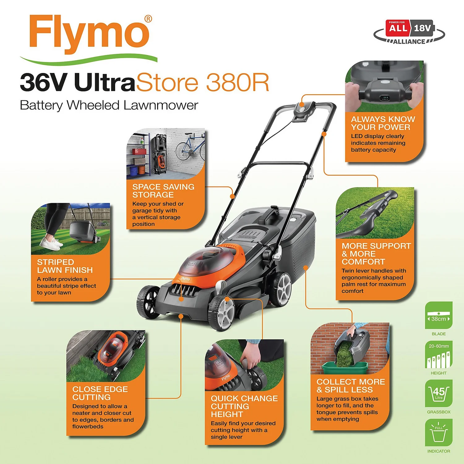 Flymo 36V UltraStore 380R Cordless Lawn Mower - 38cm 4 Flymo 36V UltraStore 380R Cordless Lawn Mower - 38cm - Image 2