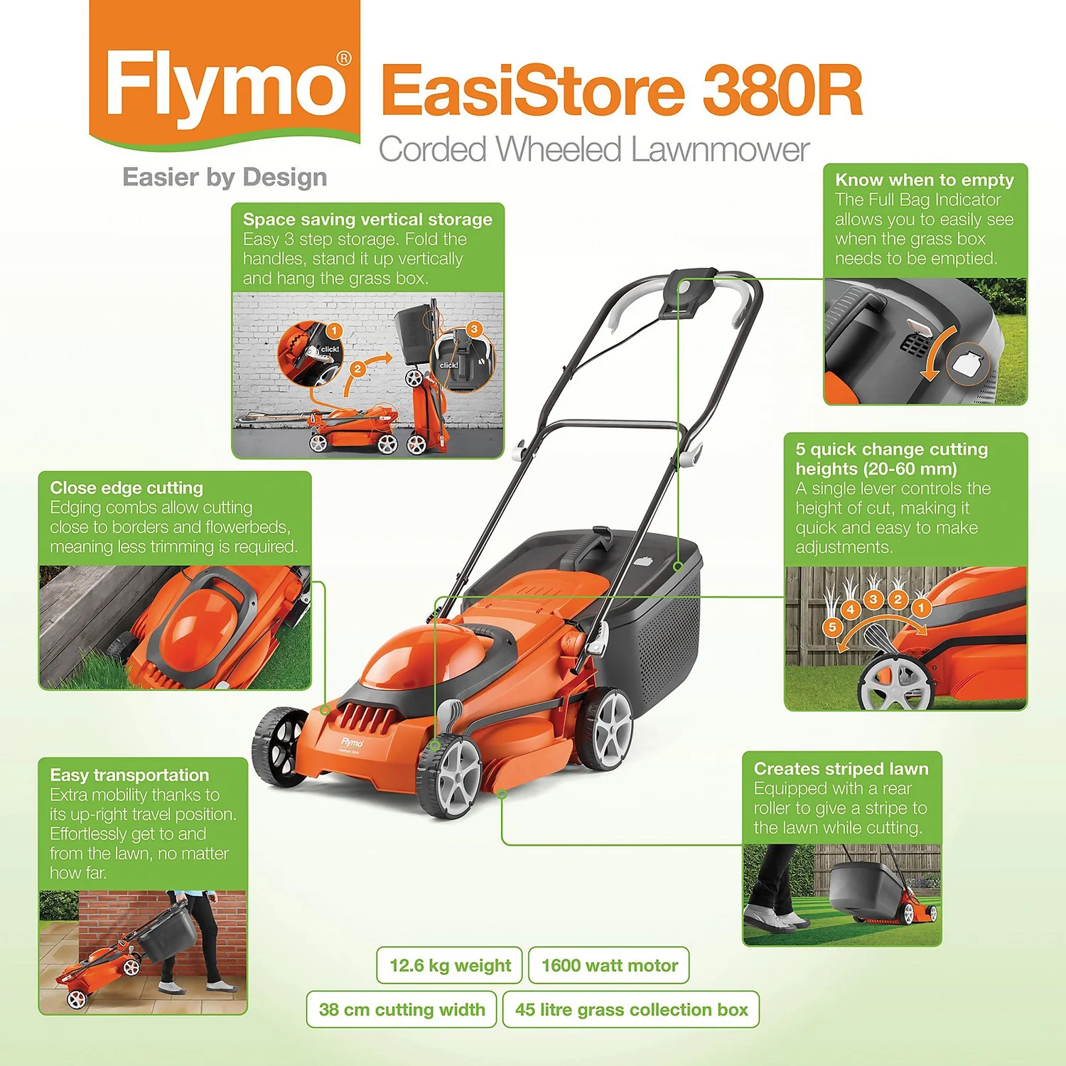 Flymo 1600W EasiStore 380R Electric Lawn Mower - 38cm 5 Flymo 1600W EasiStore 380R Electric Lawn Mower - 38cm - Image 3